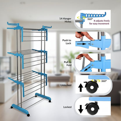 Foldable Cloth Drying Stand with Wheels | Multi-Layer Heavy Duty Clothes Rack for Indoor & Outdoor Use