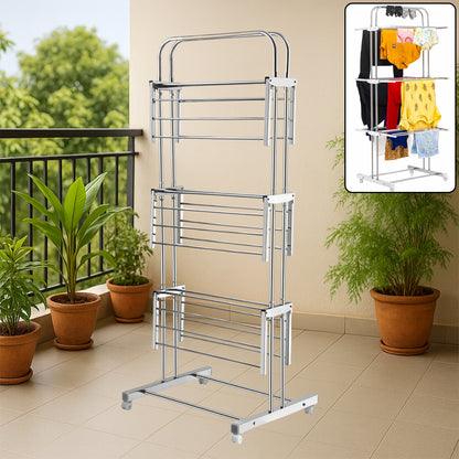 Foldable Cloth Drying Stand with Wheels | Heavy-Duty Stainless Steel Multi-Layer Laundry Rack | Adjustable Wings, Portable & Rust-Resistant Clothes Dryer
