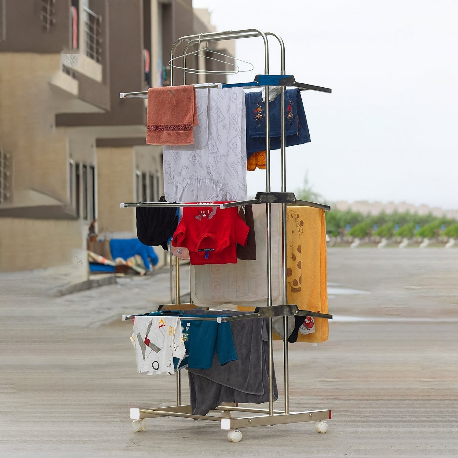 3 Layer Foldable Stainless Steel Cloth Drying Stand with Wheels