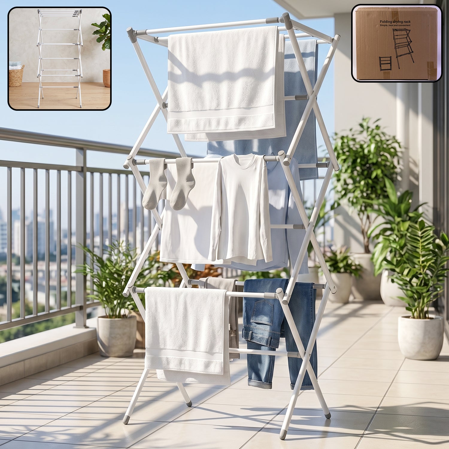 3 Tier Folding Clothes Drying Rack Laundry Cloth Dryer Stand for Balcony (1 Set)