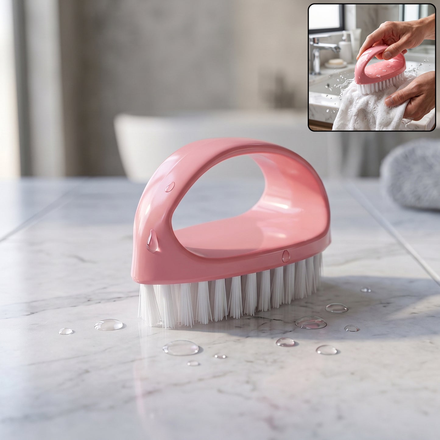 Pink handle scrubbing brush for deep cleaning
