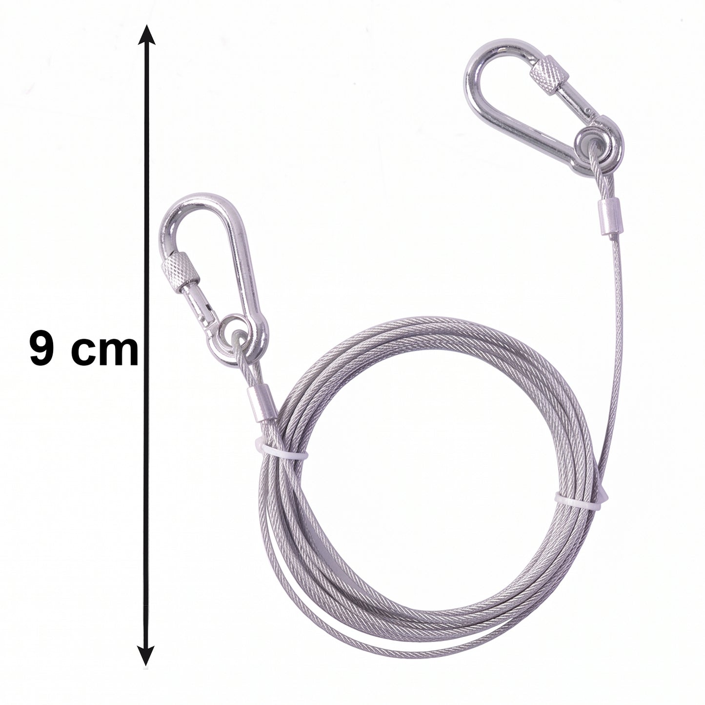 Stainless steel clothesline with carabiner hooks ready for outdoor installation and use.