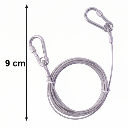 Stainless steel clothesline with carabiner hooks ready for outdoor installation and use.