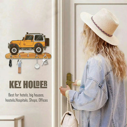Jeep Design Wooden Key Holder with 5 Hooks Decorative Wall Key Stand for Home
