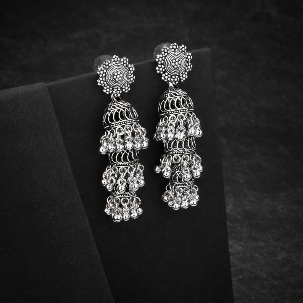 Premium Oxidised Silver Long Layered Jhumka Earrings