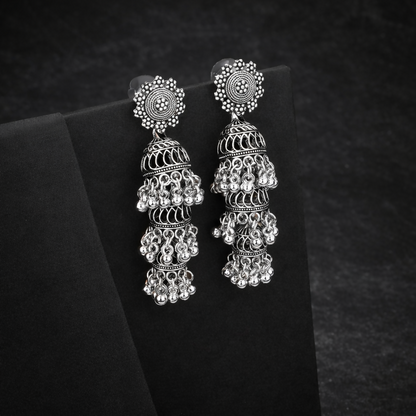 Premium Oxidised Silver Long Layered Jhumka Earrings