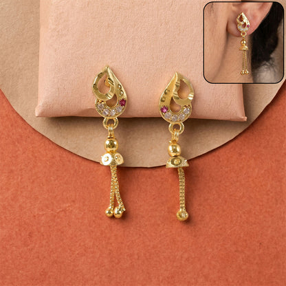 Traditional gold-plated long dangler earrings with white American Diamonds and ruby-red stone