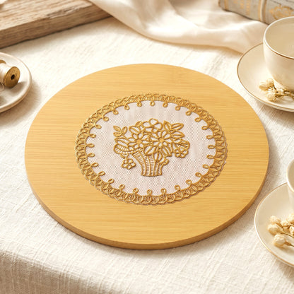 Wooden coaster with a hot cup on top in a cozy setting.