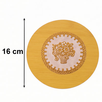 Multiple wooden coasters arranged neatly on a table.