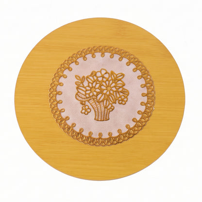 Stylish wooden coaster placed under a hot mug on a table.