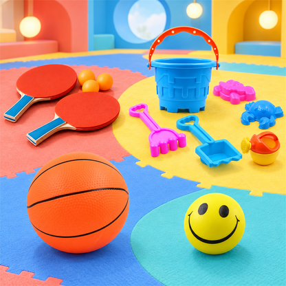 Kids Sports & Sand Play Combo – Table Tennis Racket Set, Basketball, Smiley Ball & Beach Toy Set