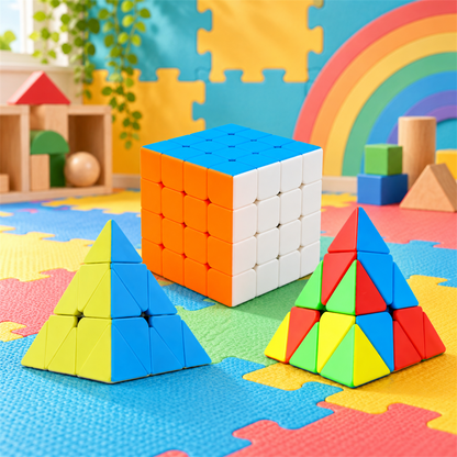 Kids Magic Puzzle Cube Combo – 5x5 Cube & Pyramid Twist Puzzle Set (3 Pc)