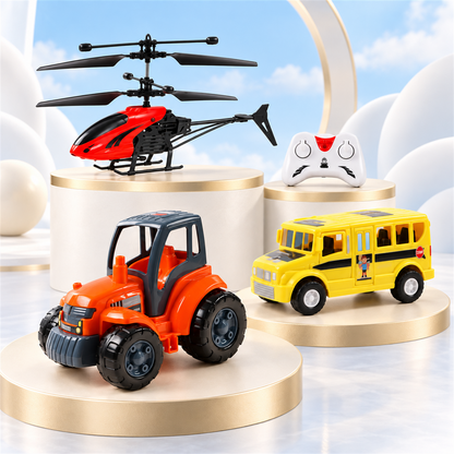 Kids Vehicle Toy Combo – Remote Control Helicopter, Tractor & School Bus (3 Pc Set)