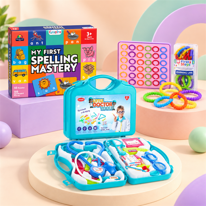 Kids Educational Learning Combo – Spelling Puzzle, Doctor Play Set & Colourful Linking Rings