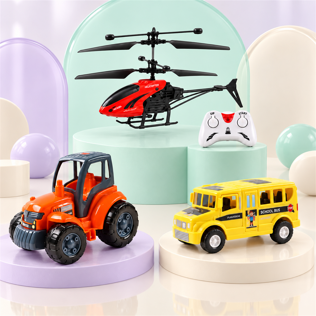 Kids Vehicle Toy Combo – Remote Control Helicopter, Tractor & School Bus (3 Pc Set)