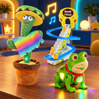 Kids Fun Toy Combo – Light-Up Frog Toy, Duck Climbing Track & Cactus Character Toy