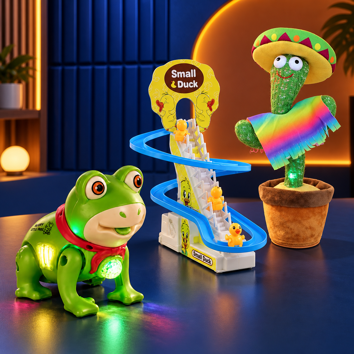 Kids Fun Toy Combo – Light-Up Frog Toy, Duck Climbing Track & Cactus Character Toy