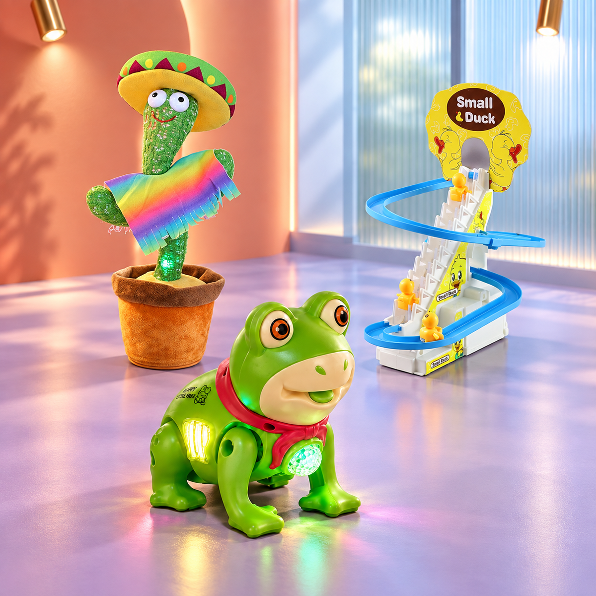 Kids Fun Toy Combo – Light-Up Frog Toy, Duck Climbing Track & Cactus Character Toy