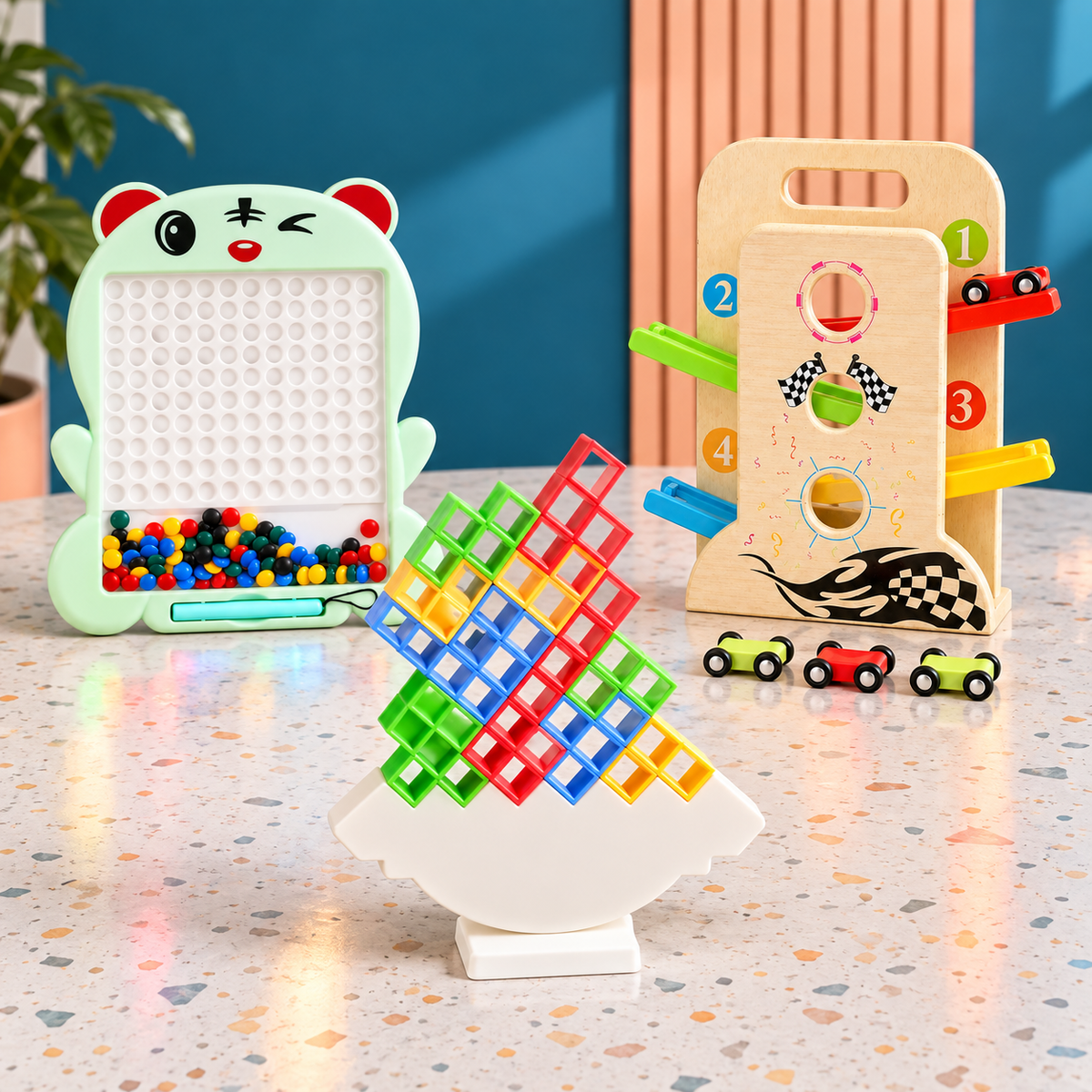 Kids Learning Activity Combo – Magnetic Bead Board, Balance Blocks & Wooden Car Ramp Set