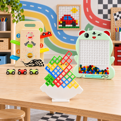 Kids Learning Activity Combo – Magnetic Bead Board, Balance Blocks & Wooden Car Ramp Set