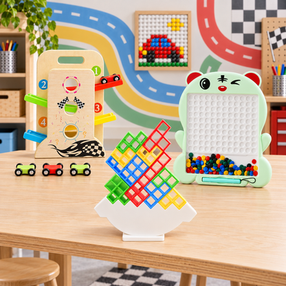 Kids Learning Activity Combo – Magnetic Bead Board, Balance Blocks & Wooden Car Ramp Set