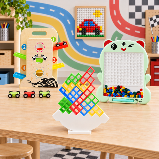 Kids Learning Activity Combo – Magnetic Bead Board, Balance Blocks & Wooden Car Ramp Set