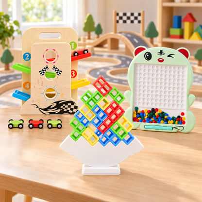 Kids Learning Activity Combo – Magnetic Bead Board, Balance Blocks & Wooden Car Ramp Set