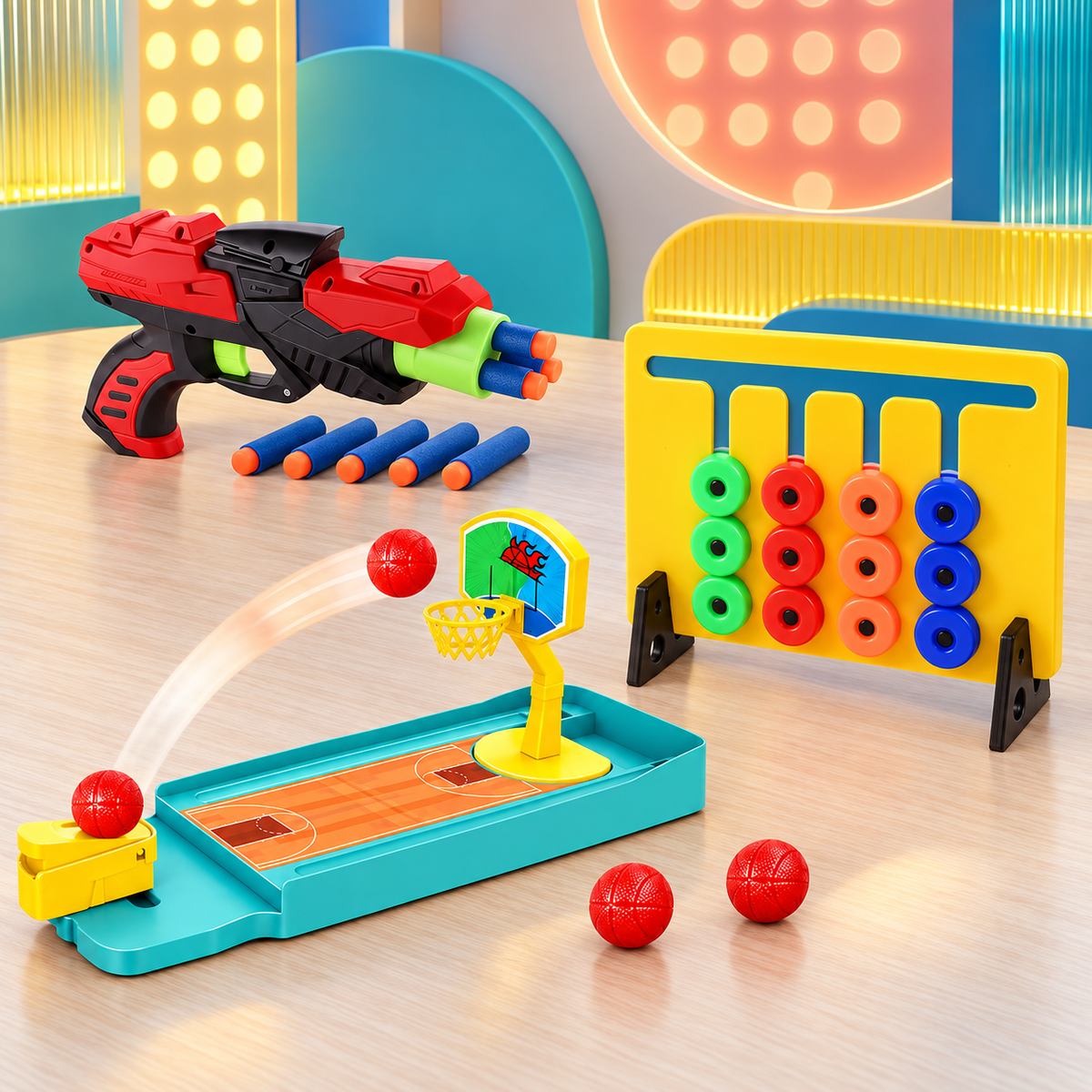 Kids Indoor Game Combo – Foam Dart Blaster, Mini Basketball Game & Counting Frame Set