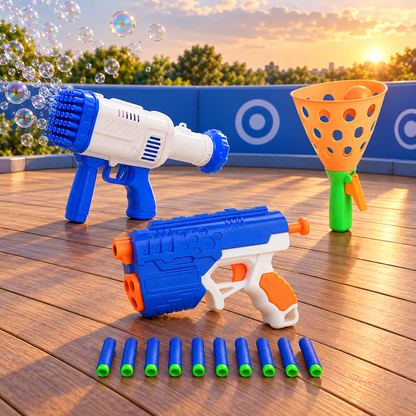 Kids Action Play Combo – Bubble Blaster, Foam Dart Gun & Ball Catcher Toy Set