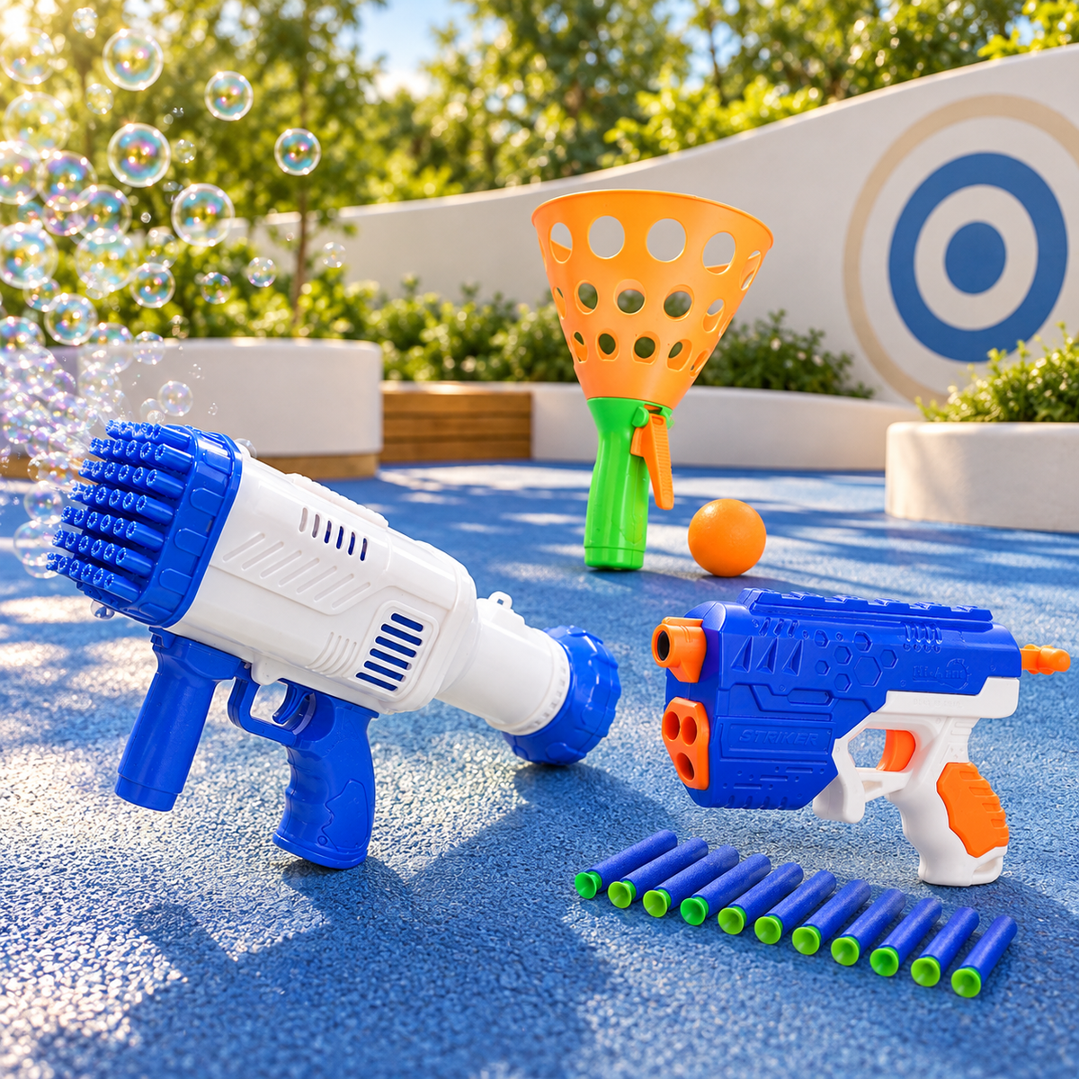 Kids Action Play Combo – Bubble Blaster, Foam Dart Gun & Ball Catcher Toy Set