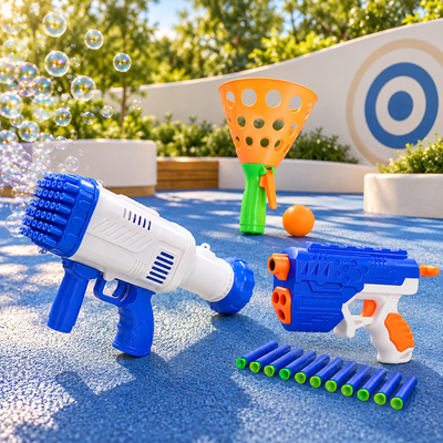 Kids Action Play Combo – Bubble Blaster, Foam Dart Gun & Ball Catcher Toy Set
