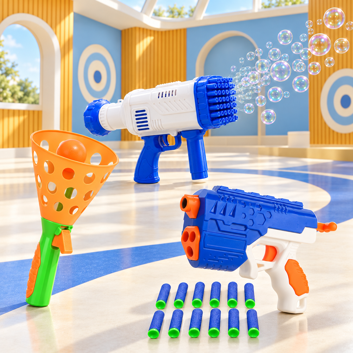 Kids Action Play Combo – Bubble Blaster, Foam Dart Gun & Ball Catcher Toy Set