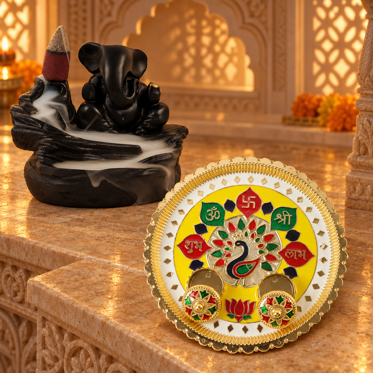 Divine Ganesha Backflow Fountain & Auspicious Puja Thali Gift Set