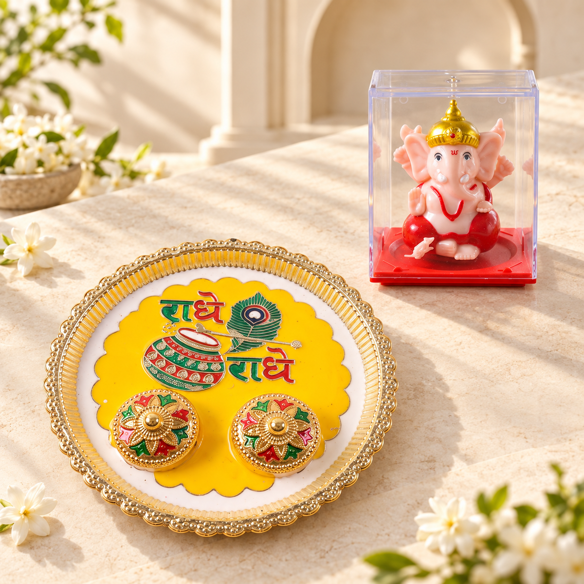 Radhe Radhe Decorative Pooja Thali with Ganesha Idol Gift Set