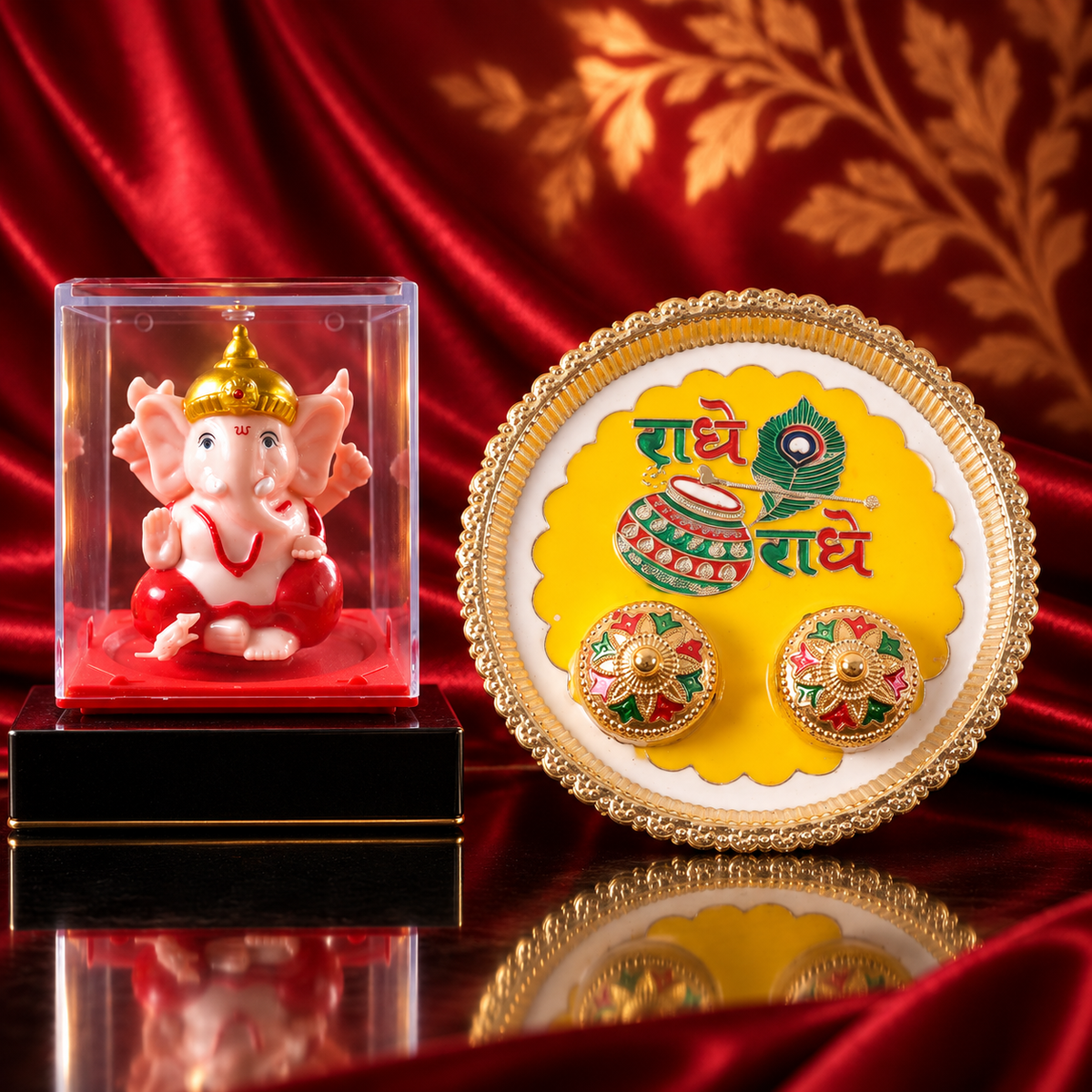 Radhe Radhe Decorative Pooja Thali with Ganesha Idol Gift Set
