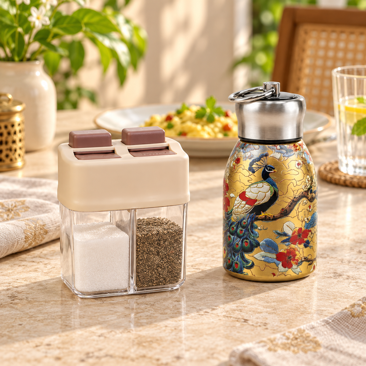Peacock Print Stainless Steel Water Bottle & Dual Spice Dispenser Combo