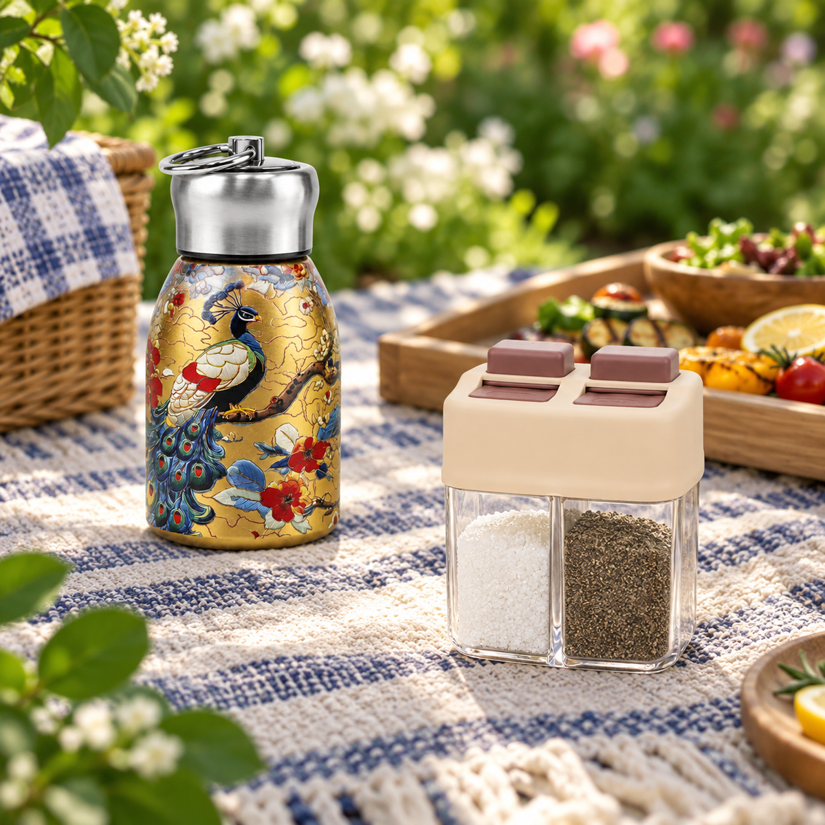 Peacock Print Stainless Steel Water Bottle & Dual Spice Dispenser Combo