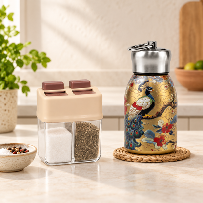 Peacock Print Stainless Steel Water Bottle & Dual Spice Dispenser Combo