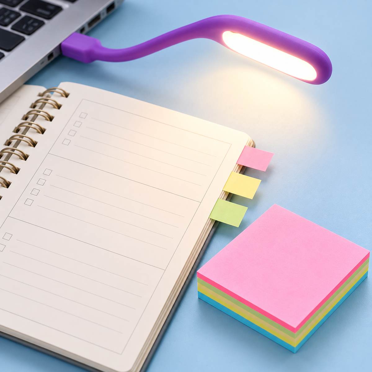 USB Flexible LED Desk Light & Multicolour Sticky Notes Combo