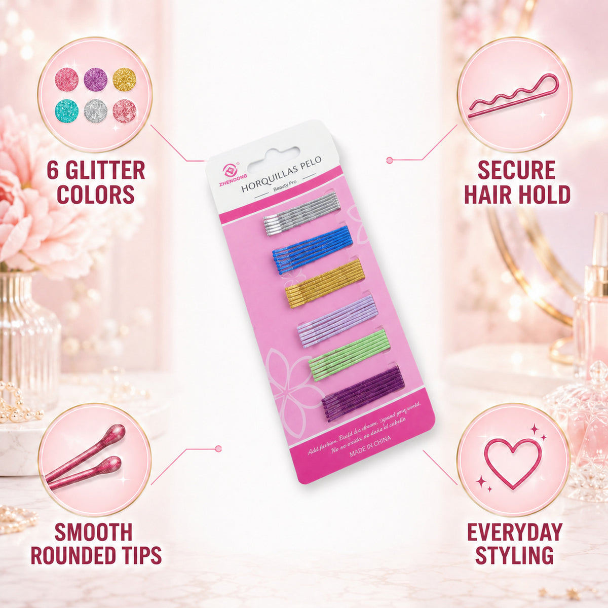 Multicolor Glitter Metal Bobby Pins Set for Hair Styling Women Girls (42 Pc)