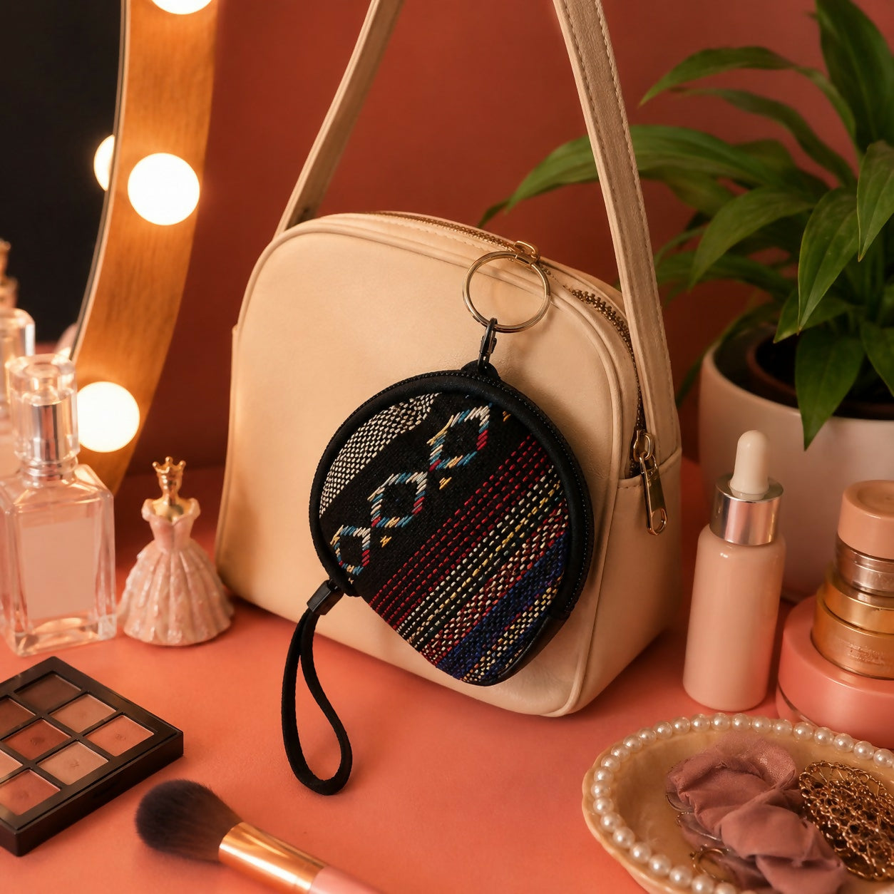 Ethnic coin pouch side view with zip closed