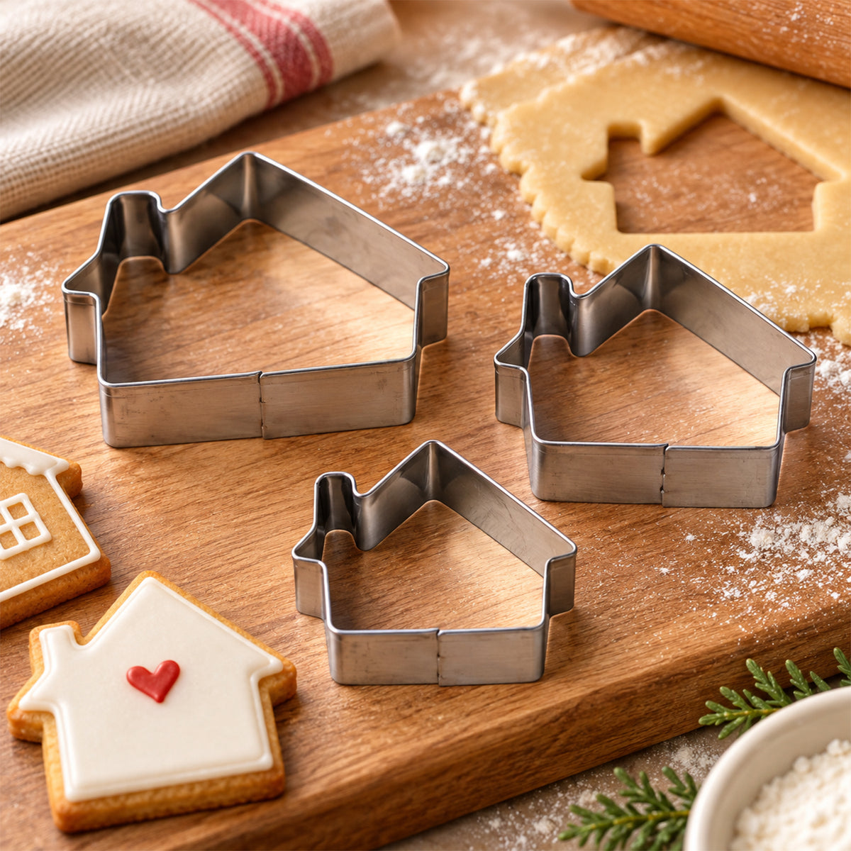 Three different sized house-shaped cookie cutters on a wooden board with rolled dough and a decorated cookie.