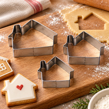 Three different sized house-shaped cookie cutters on a wooden board with rolled dough and a decorated cookie.