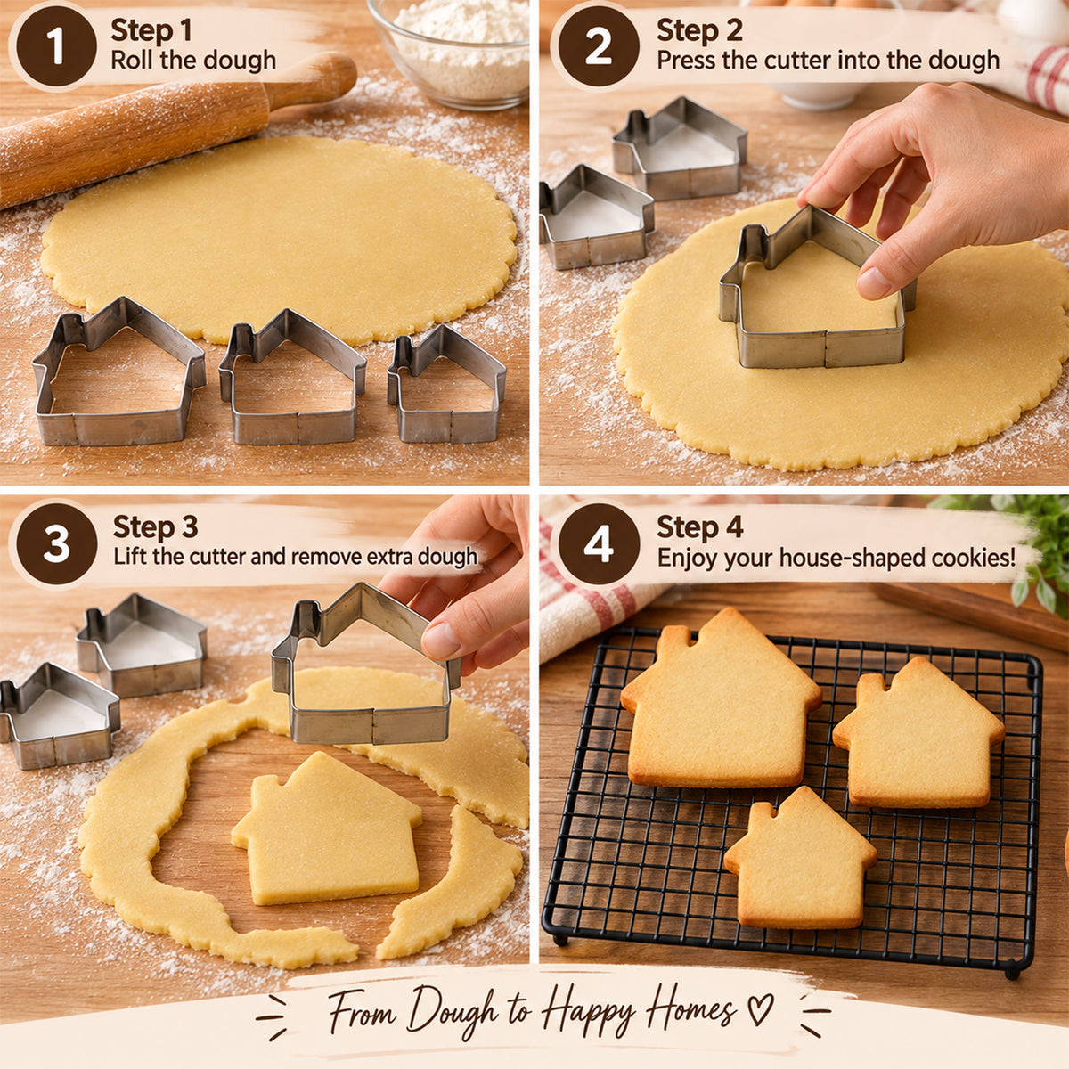 Four step-by-step images demonstrating how to use house cookie cutters to bake cookies.