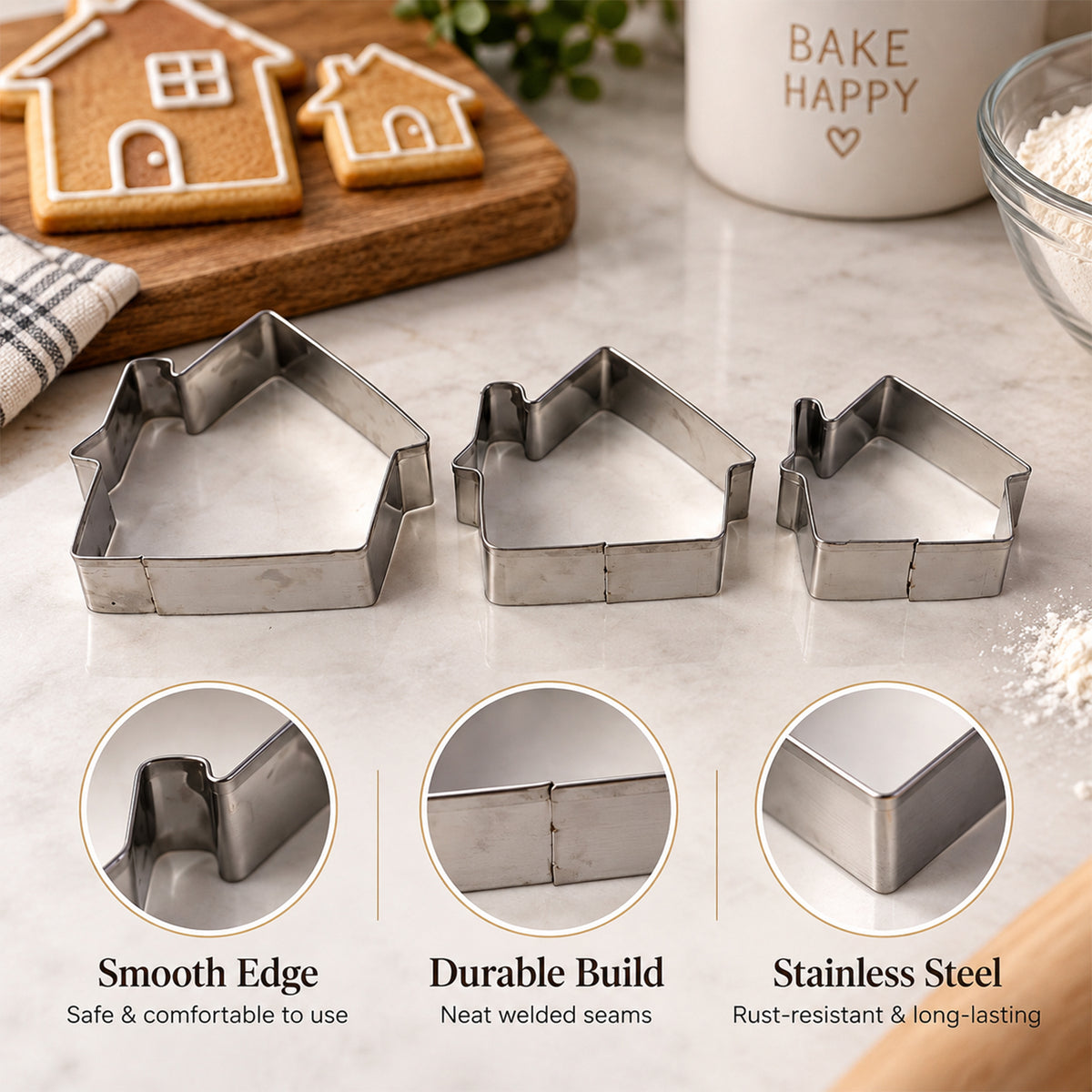 Close-up of three house cookie cutters with text highlighting smooth edges, durable build, and stainless steel material.
