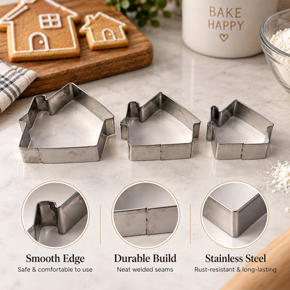Close-up of three house cookie cutters with text highlighting smooth edges, durable build, and stainless steel material.
