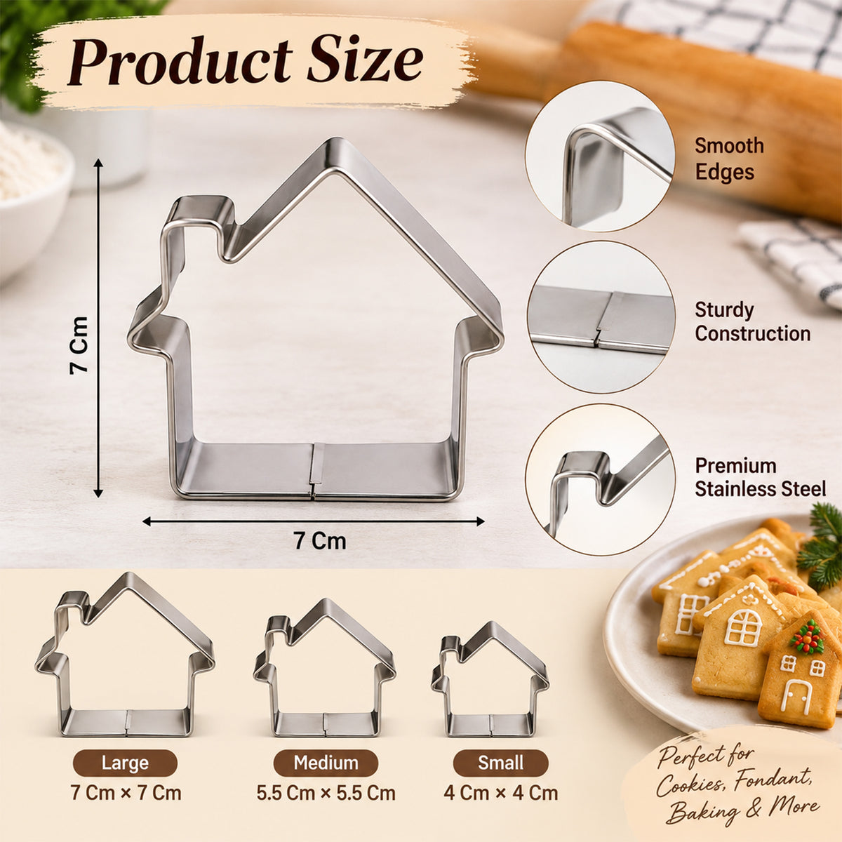 A large house cookie cutter with dimensions, and insets detailing its features, alongside smaller cutters and baked cookies.