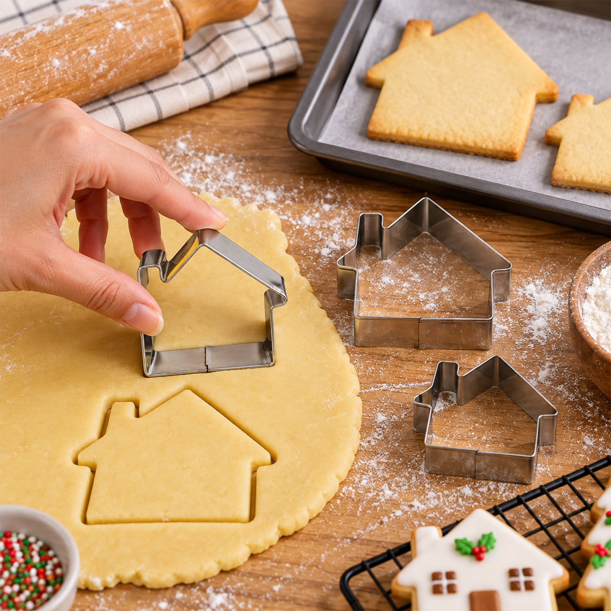 A hand pressing a house-shaped cookie cutter into yellow dough on a wooden surface with baking tools nearby.