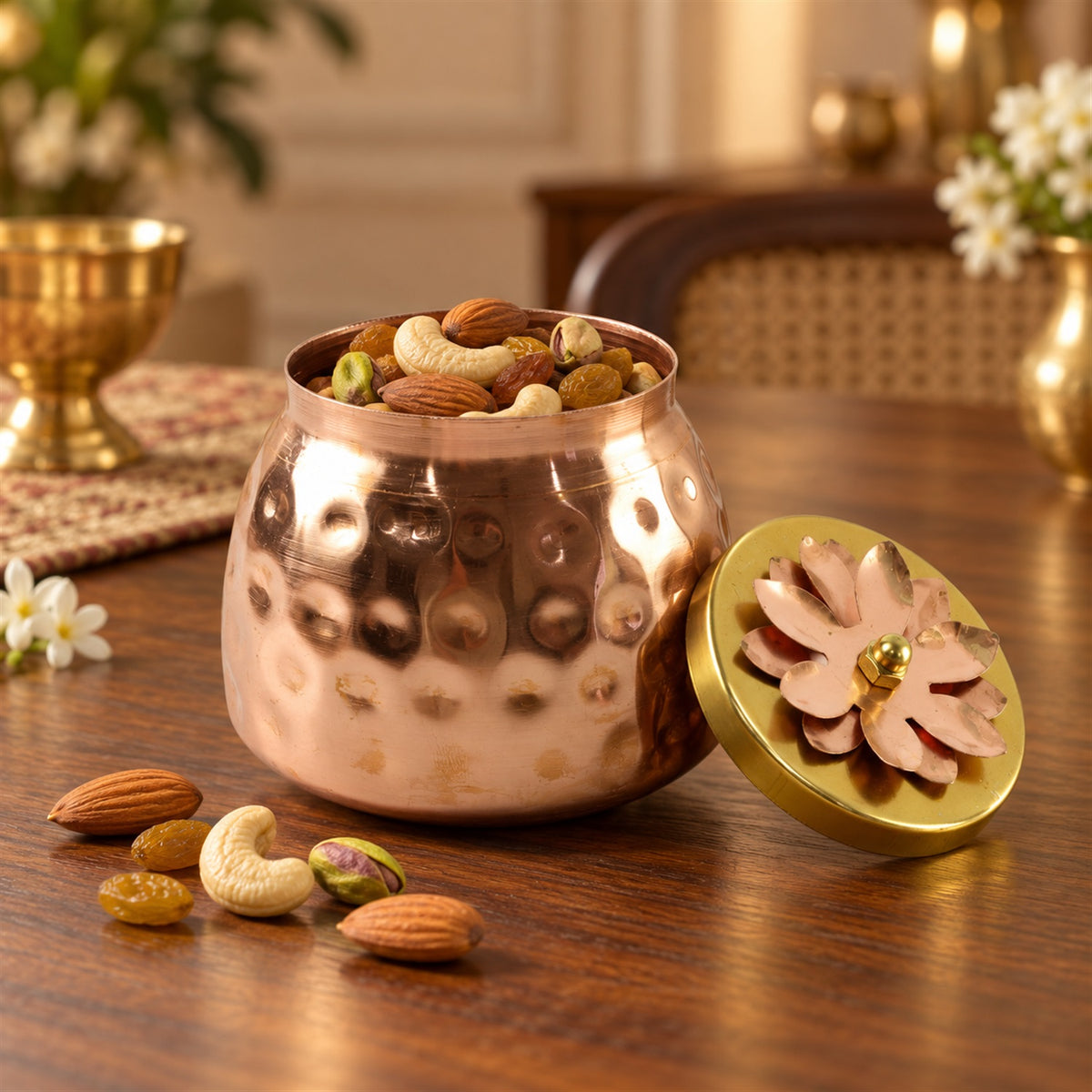 Copper Finish Storage Jar with Flower Lid for Dry Fruits and Home Decor (1 Pc)
