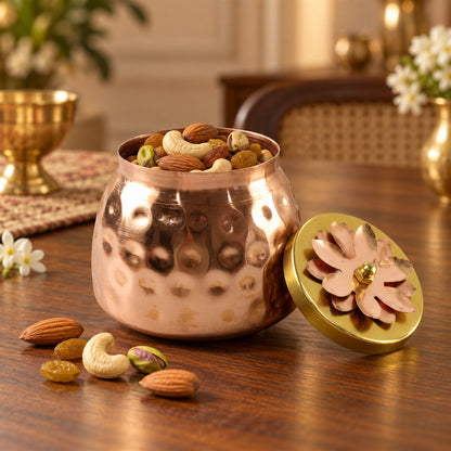 Copper Finish Storage Jar with Flower Lid for Dry Fruits and Home Decor (1 Pc)